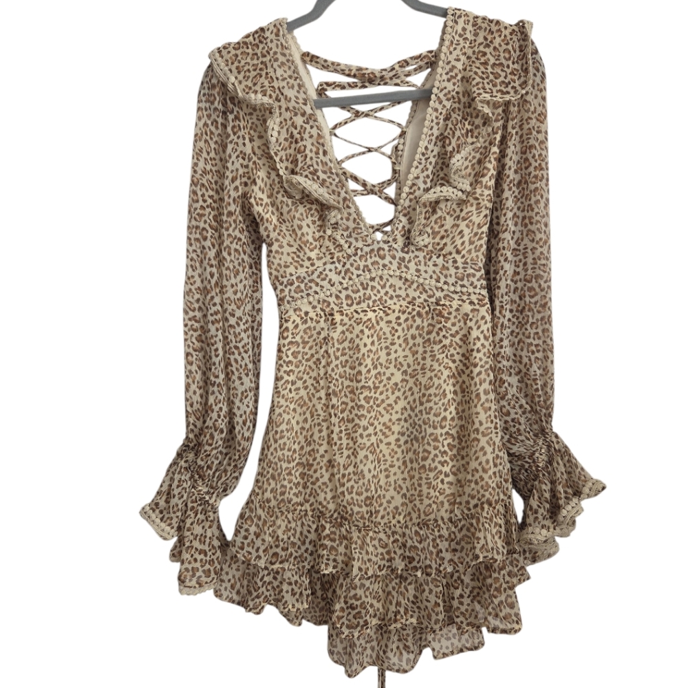 Anthropologie Mable Leopeard Boho Ruffle Tiered Chifon Vneck Mini Dress Size XS